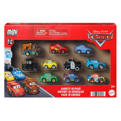 Blister con 10 mini coches metálicos de Cars Disney Pixar que reproducen personajes de la película original. Set variado para coleccionar o jugar con detalles auténticos y colores fieles al universo Cars.