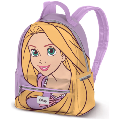 Mochila urbana Rapunzel Disney de 25x22x15 cm con dos bolsillos laterales y forro interior. Diseño compacto con la imagen del personaje en tonos lilas y amarillos, ideal para uso diario.