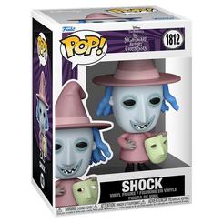 Figura POP Disney The Nightmare Before Christmas Shock en vinilo, con vestido rosa y máscara verde, presentada en caja regalo ideal para coleccionistas y fans de la saga.