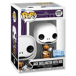 Figura POP Disney Pesadilla Antes de Navidad Jack Skellington con caja de regalo exclusiva. Figura de vinilo oficial de Funko que representa al personaje con su icónica caja decorada.