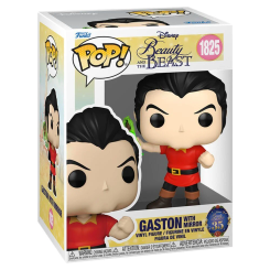 Figura vinilo POP de Gaston de La Bella y la Bestia con espejo en caja regalo. Representa al personaje con su traje rojo y postura desafiante en el estilo característico de Funko POP.