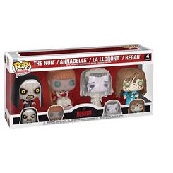 Blister con cuatro figuras de vinilo POP que representan a The Nun, Annabelle, La Llorona y Regan, personajes icónicos del cine de terror, presentadas en caja regalo con diseño temático.