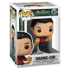 Figura POP Marvel Studios Avengers Doomsday Shang-Chi en vinilo con cabeza oscilante y caja regalo. Representa al personaje Shang-Chi con detalles de su vestuario y puños dorados en estilo Funko POP.