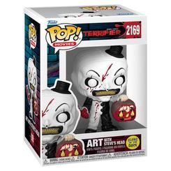 Figura POP Terrifier Art with Steves Head en vinilo con caja regalo. Representa al personaje Art con la cabeza de Steve, ideal para coleccionistas y fans del cine de terror.