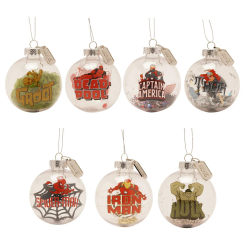 Set de 7 bolas de Navidad transparentes con motivos de Los Vengadores de Marvel, incluyendo a Groot, Deadpool, Capitán América, Thor, Spider-Man, Iron Man y Hulk, ideales para decoración temática navideña.