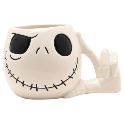 Taza 3D de Jack Skellington de Pesadilla Antes de Navidad en cerámica, con unas medidas de 23x11x11 cm y un asa con forma de mano, incluye planta artificial para decorar sin mantenimiento.