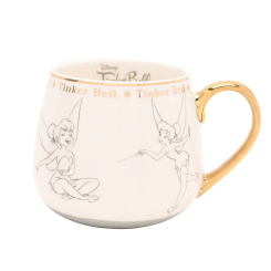 Taza de Campanilla de Peter Pan con ilustraciones esbozadas y detalles dorados en porcelana china, que combina diseño elegante y funcionalidad para uso diario o colección.