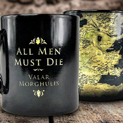 Taza oficial con el texto "All Men Must Serve" y "All Men Must Die" basada en la serie de televisión Juego de Tronos, la taza está realizada en cerámica sensible al calor 