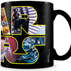 Taza oficial con el logo de Star Wars realizada en cerámica sensible al calor con una capacidad de 0,315 litros, incluye grabados en el exterior.