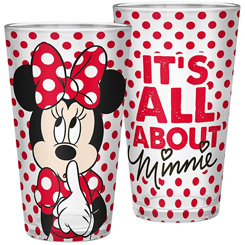 Precioso vaso de Minnie Mouse It's all about Minnie. Este precioso vaso está realizado en vidrio de alta calidad con una capacidad aproximada de 40 cl., imitando el precioso vestido de Minnie.